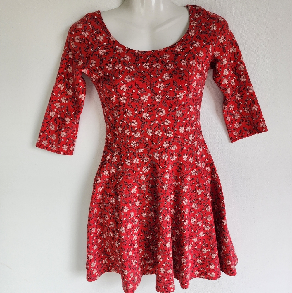 Hollister 3/4 Sleeve Red Floral Mini Dress